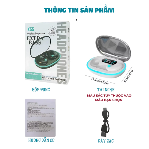 Tai Nghe Ngủ Không Dây X55 Tích Hợp Màn Hình LED Điều Khiển Nút Tai Nghe Giảm Tiếng Ồn Kháng Nước